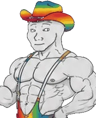 Wojak in a rainbow cowboy hat with a pride flag